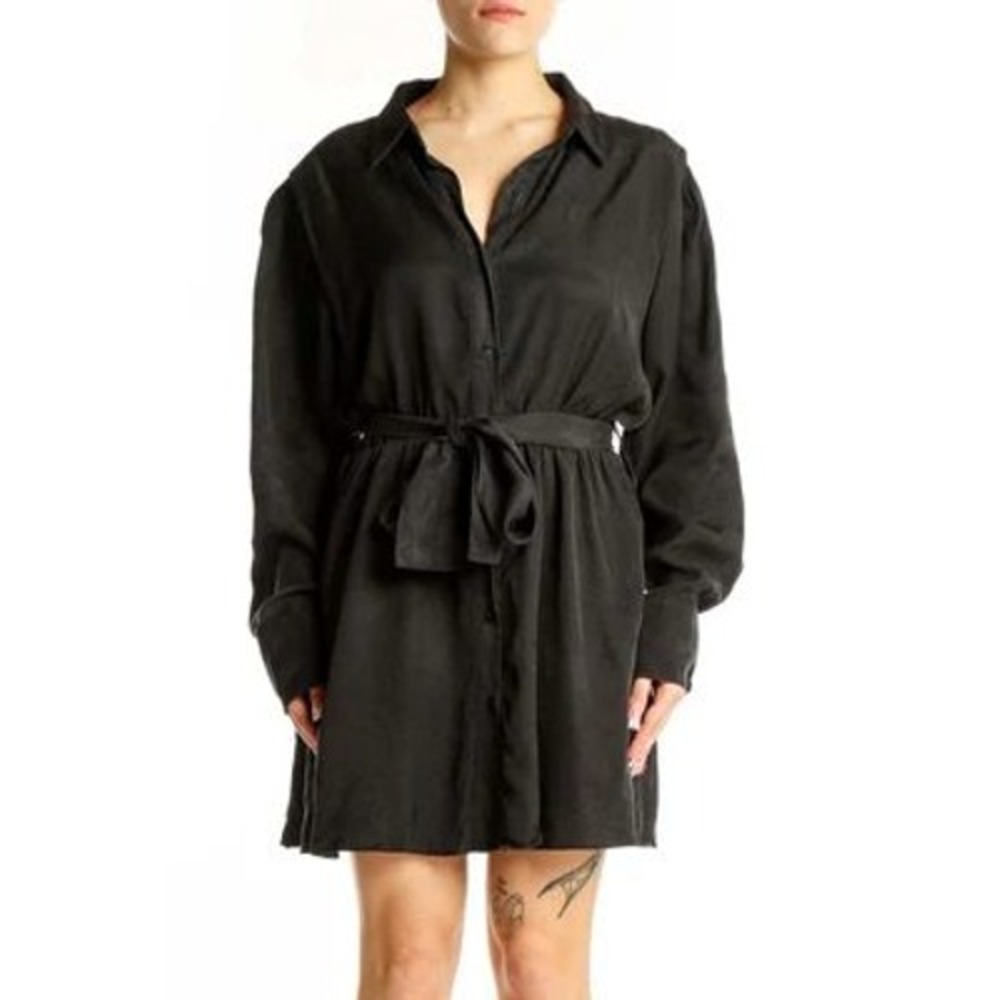Zara Black Lyocell Shirt Mini Dress Long Sleeve Tie Belted Collared XS